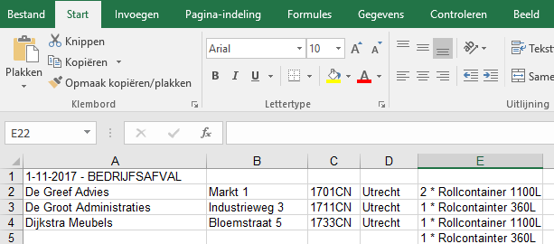 WasteXL bedrijfsafval Excel