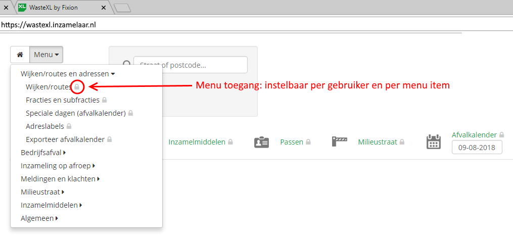 WasteXL menu toegang instelbaar per gebruiker